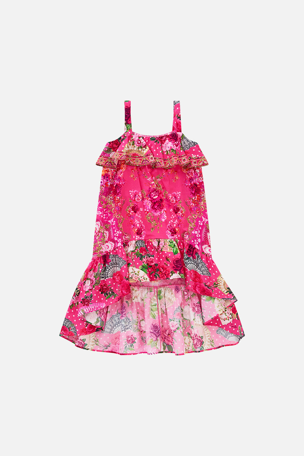 The CAMILLA KIDS WIDE STRAP HIGH LOW DRESS WITH FRILLS FLAMENCO ROSEFLAMENCO ROSE
