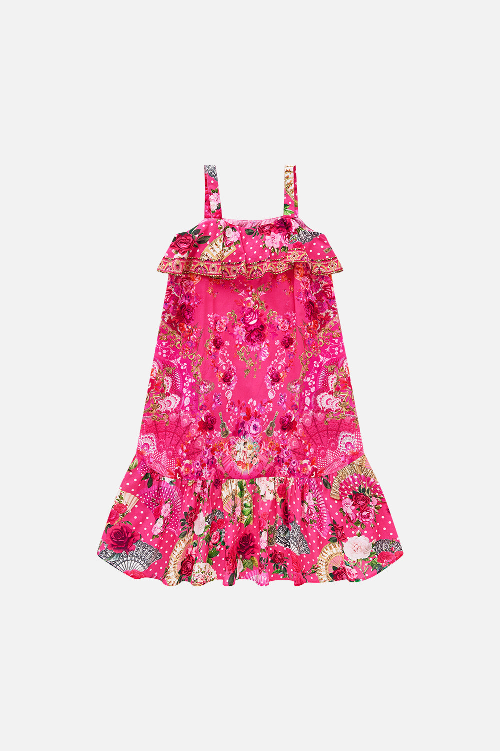 The CAMILLA KIDS WIDE STRAP HIGH LOW DRESS WITH FRILLS FLAMENCO ROSE