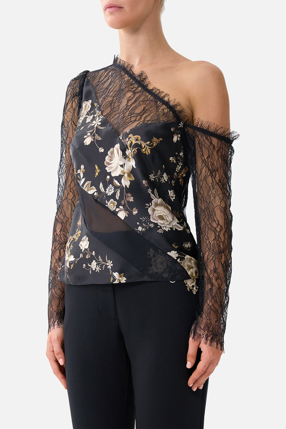 The CAMILLA LACE SPLICE ONE SHOULDER TOP FLAMENCO FOLKLORE