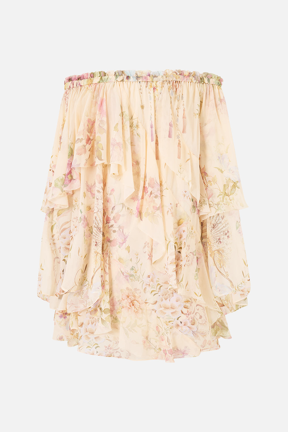 OFF SHOULDER ASSYMETRIC RUFFLE DRESS ADORNED IN ARANJUEZ