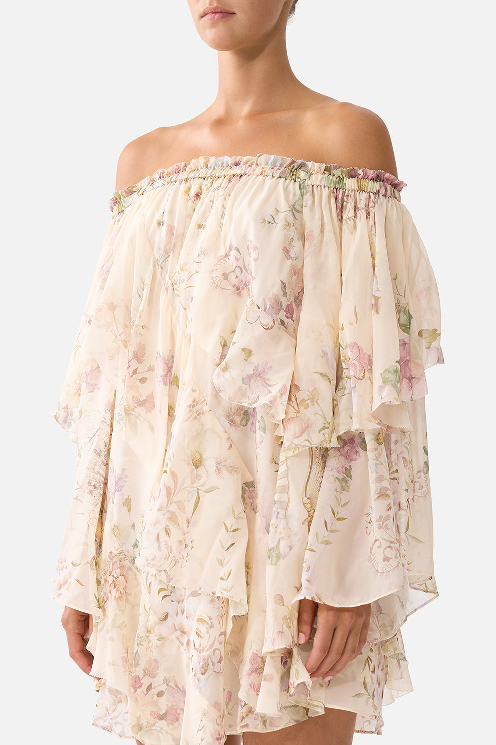 OFF SHOULDER ASSYMETRIC RUFFLE DRESS ADORNED IN ARANJUEZ