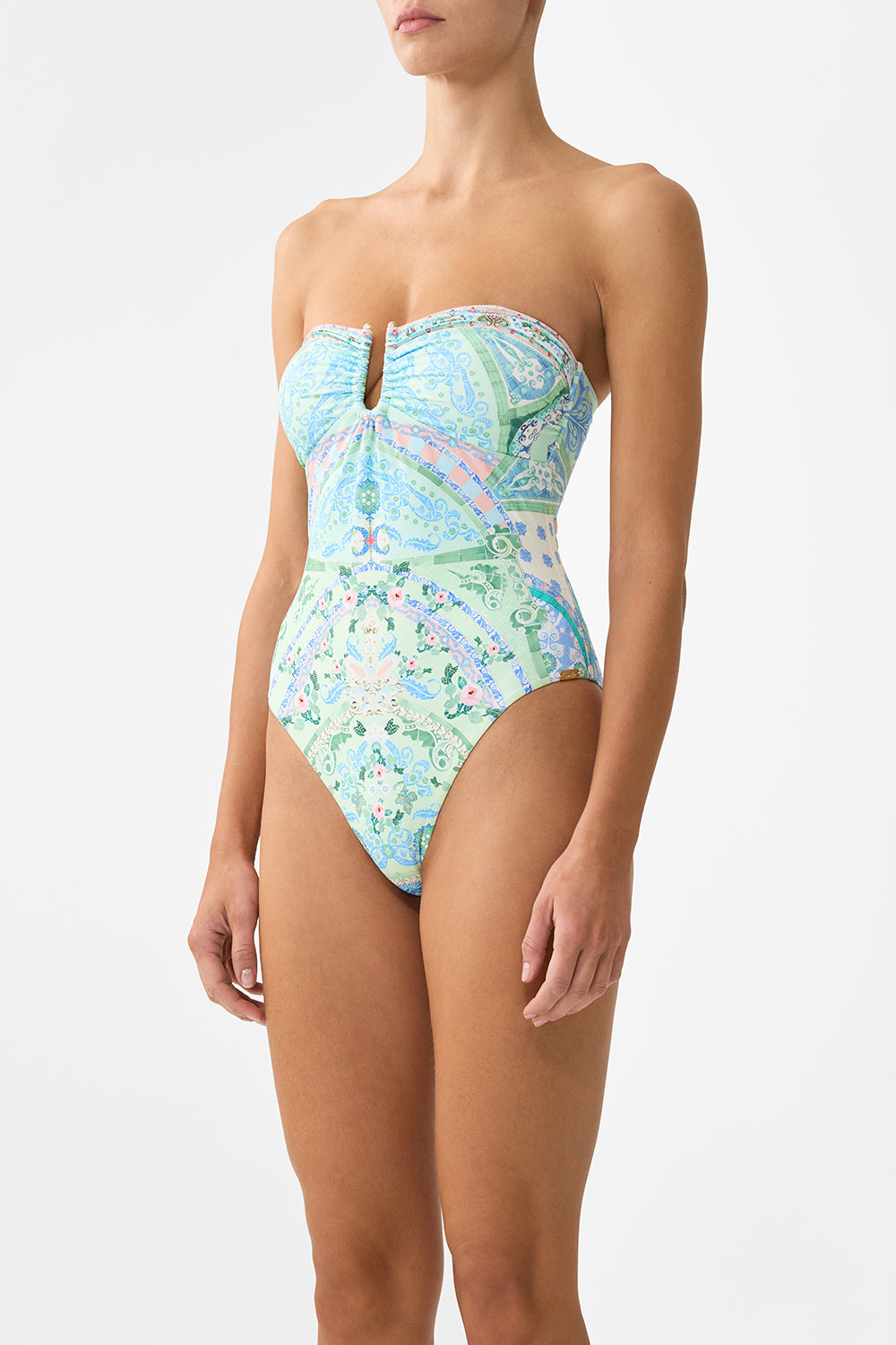 The CAMILLA GATHERED BANDEAU ONE PIECE WITH U RING FRONT MIDSUMMER MOSAICS