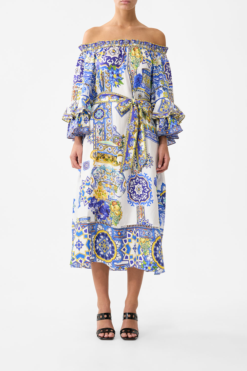 OFF SHOULDER MIDI DRESS WITH FRILL SLEEVE ESPAÑA NIRVANA