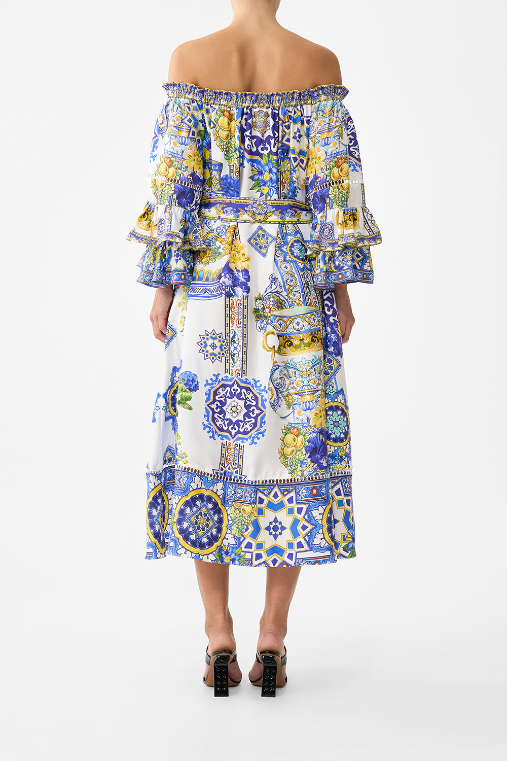 The CAMILLA OFF SHOULDER MIDI DRESS WITH FRILL SLEEVE ESPAÑA NIRVANA
