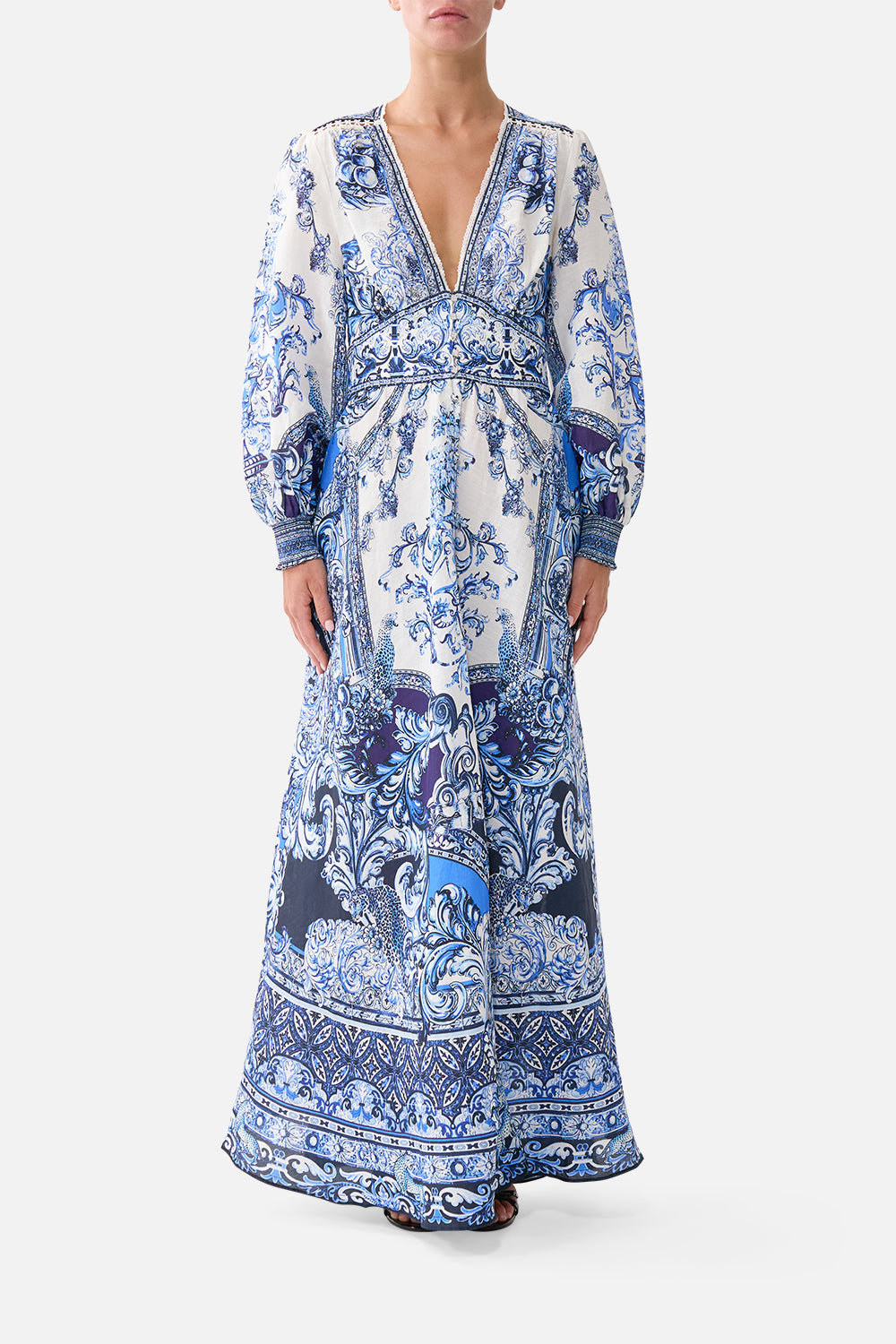 The CAMILLA BUTTON DRESS WITH SHAPED WAISTBAND A TILED WONDERLANDA TILED WONDERLAND