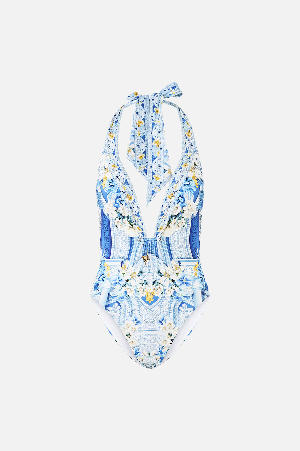 The CAMILLA PLUNGE HALTER ONE PIECE WITH BAR FRONT TRIM DE NADA GRANADA