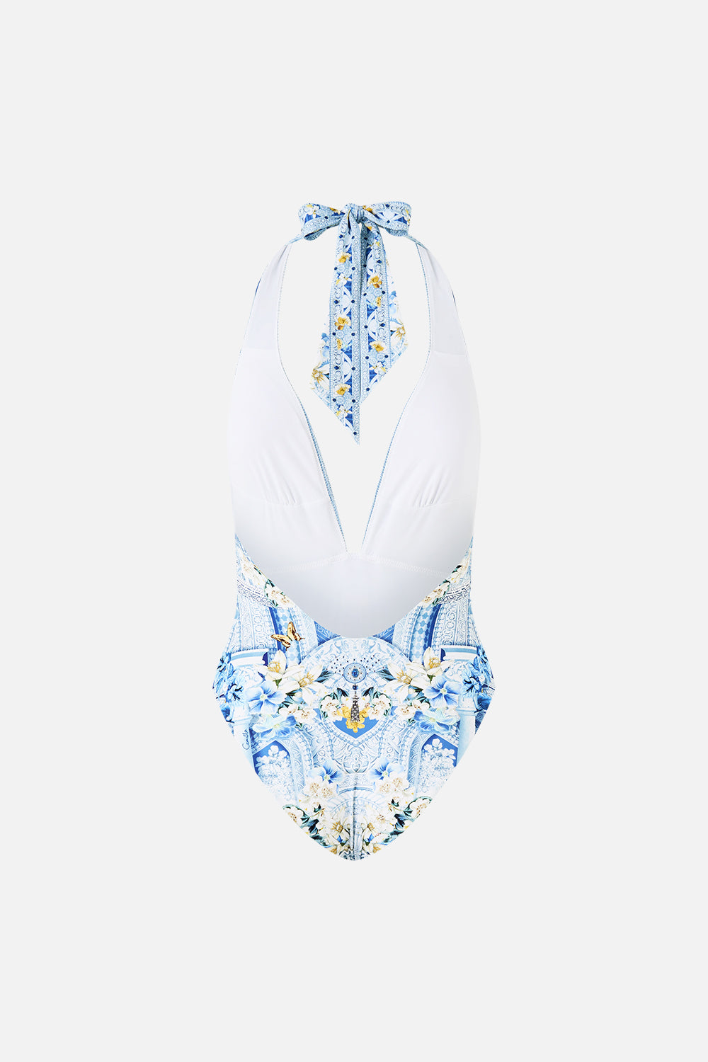 The CAMILLA PLUNGE HALTER ONE PIECE WITH BAR FRONT TRIM DE NADA GRANADA