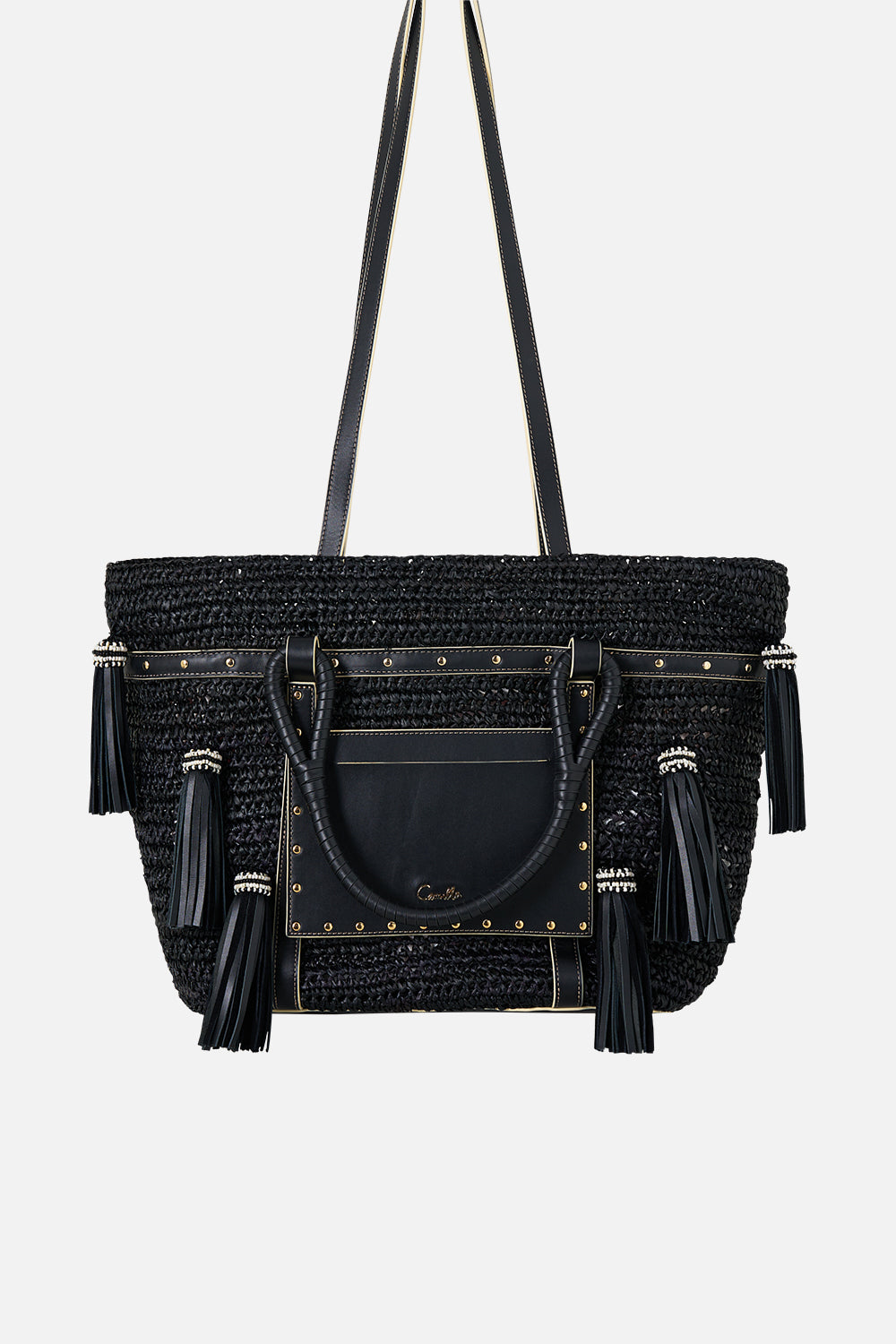 RAFFIA TOTE WITH TASSELS SOLID BLACK