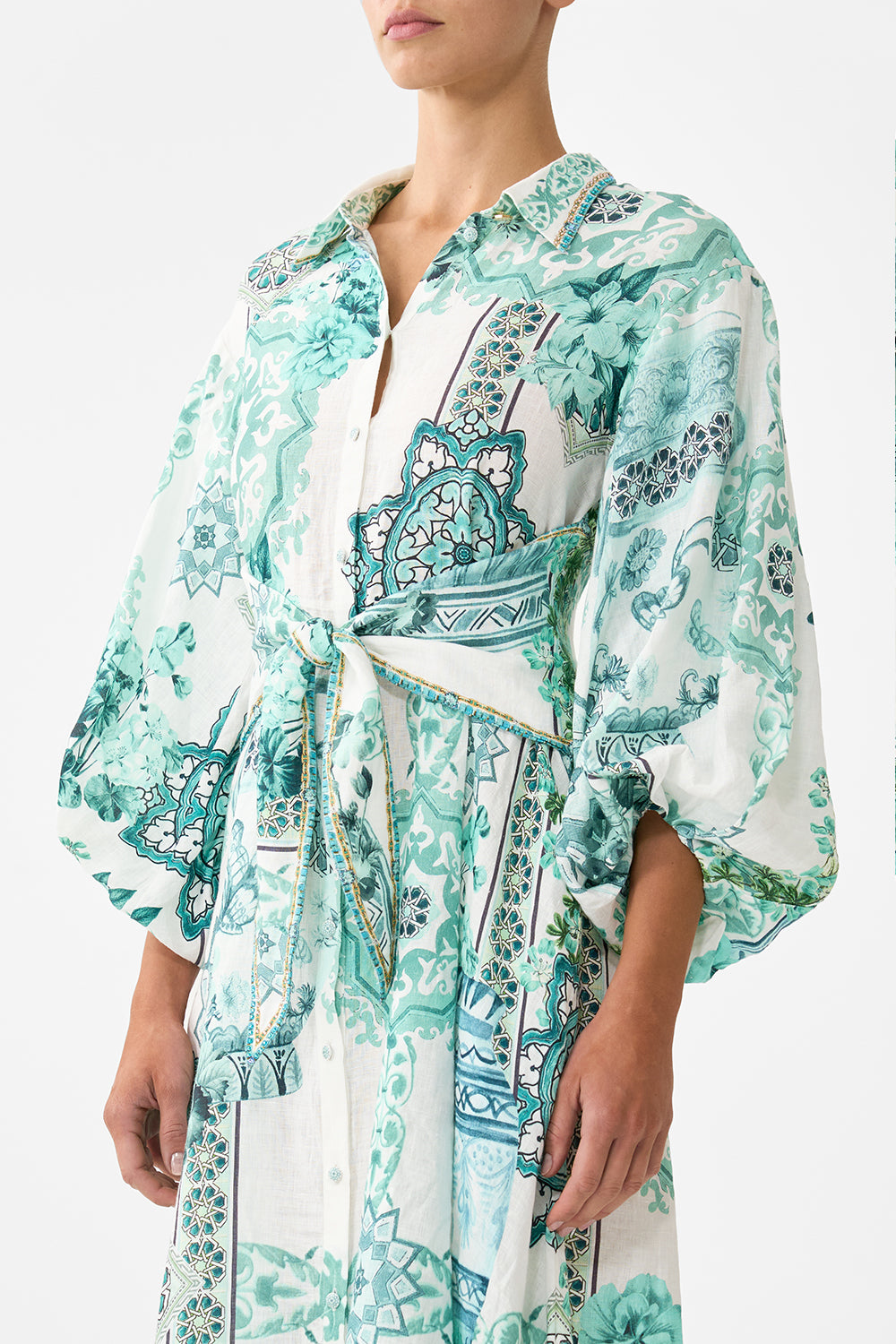 The CAMILLA WAIST TIE SHIRT DRESS WITH BUBBLE SLEEVE BALEARIC BEBÉ