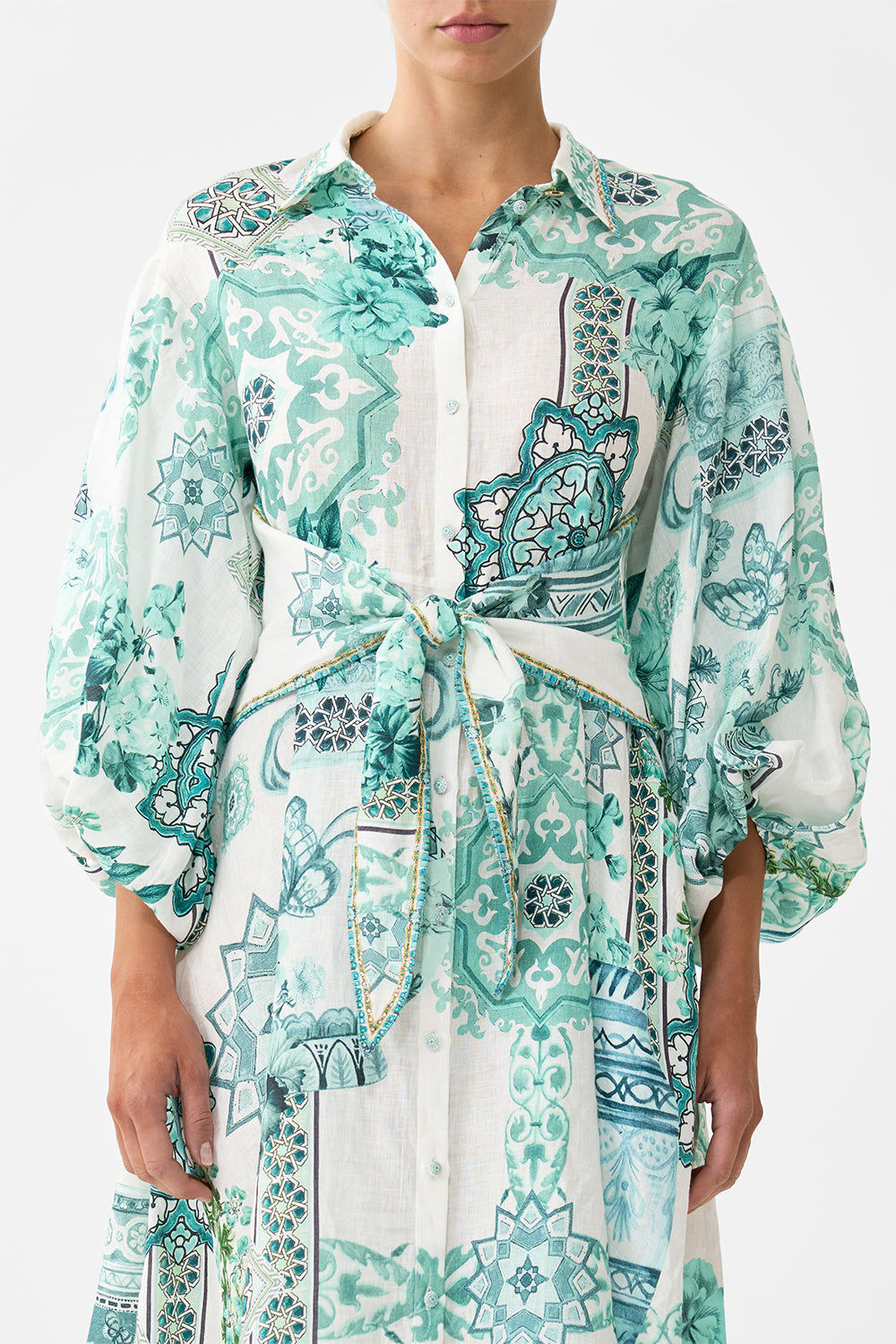 The CAMILLA WAIST TIE SHIRT DRESS WITH BUBBLE SLEEVE BALEARIC BEBÉ