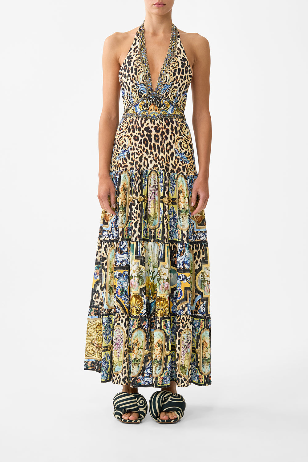 The CAMILLA HALTER JERSEY DRESS WITH TIERED SKIRT SEVILLIAN STYLESEVILLIAN STYLE