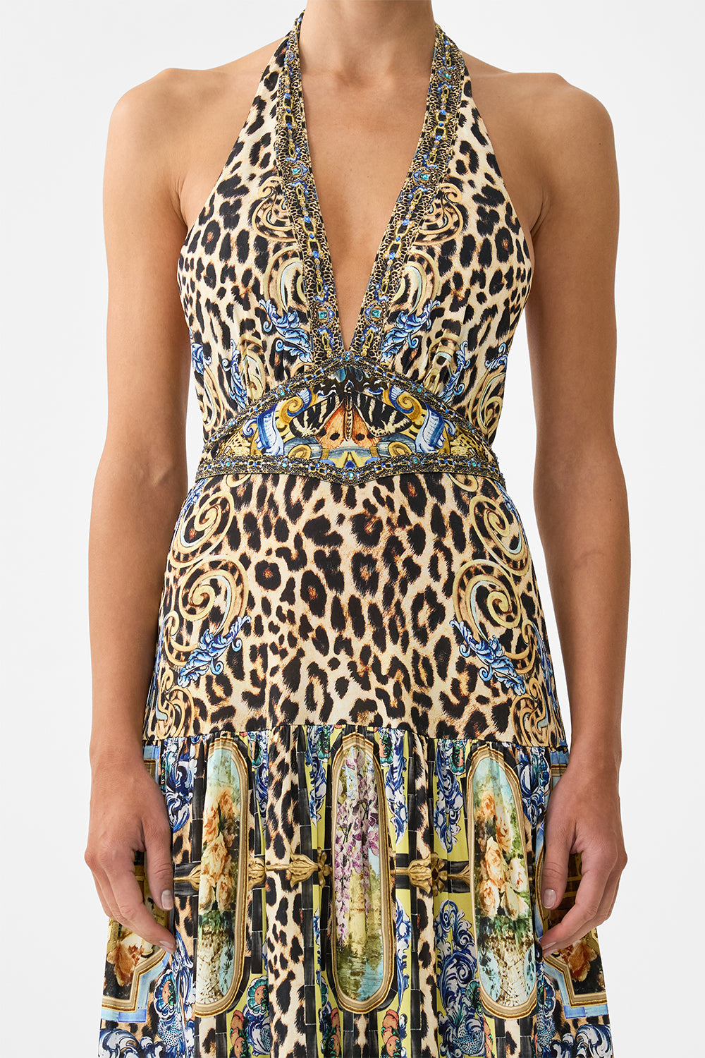 The CAMILLA HALTER JERSEY DRESS WITH TIERED SKIRT SEVILLIAN STYLE