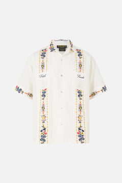 EMBROIDERED SHORT SLEEVE PLEATED CUBAN SHIRT THE POTTERY PARLOUR