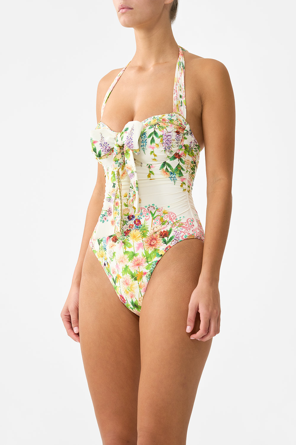 The CAMILLA BOW TIE GATHERED UNDERWIRE HALTER ONE PIECE THE CALL OF CATALONIA