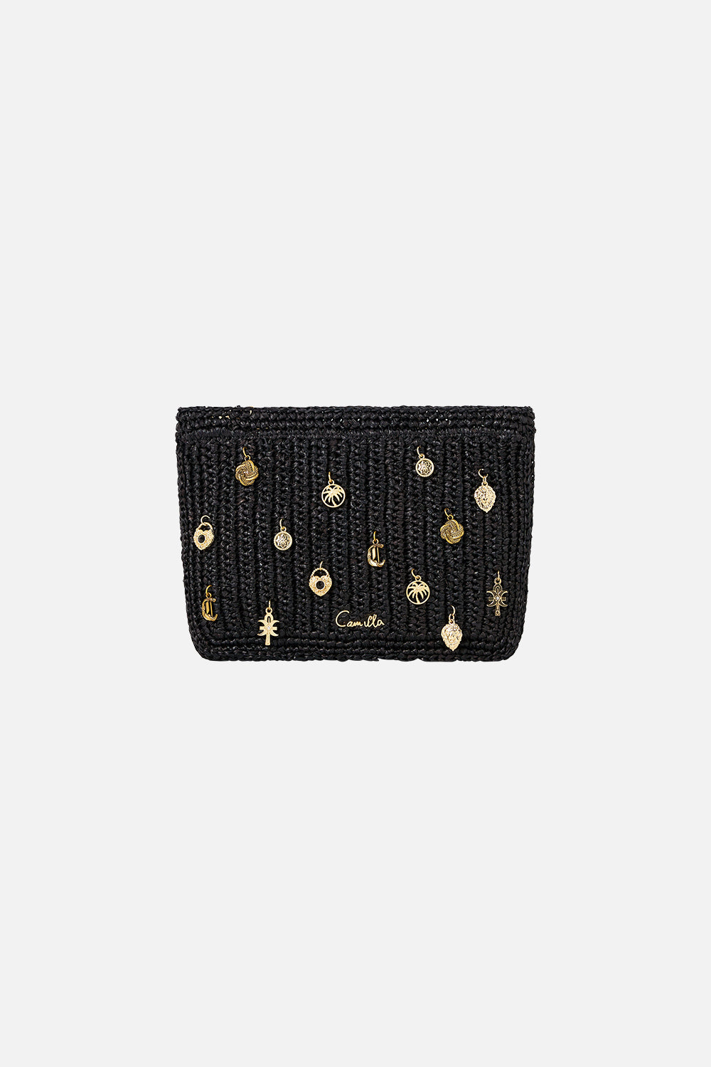 RAFFIA CLUTCH WITH CHARMS SOLID BLACK