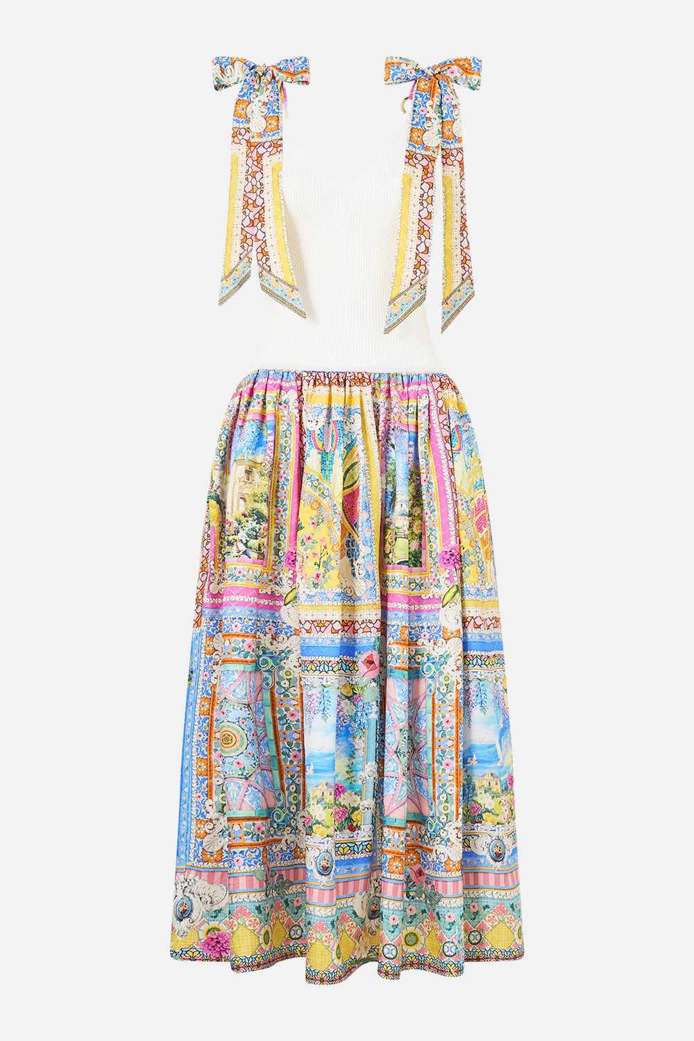 KNIT BODICE SILK SPLICED MIDI DRESS NAVÀS NOUVEAU