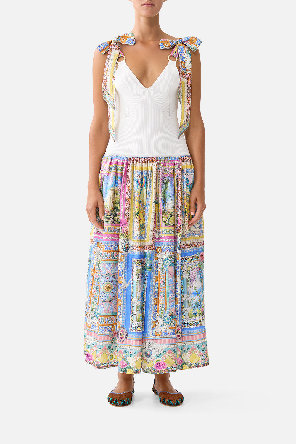 KNIT BODICE SILK SPLICED MIDI DRESS NAVÀS NOUVEAU