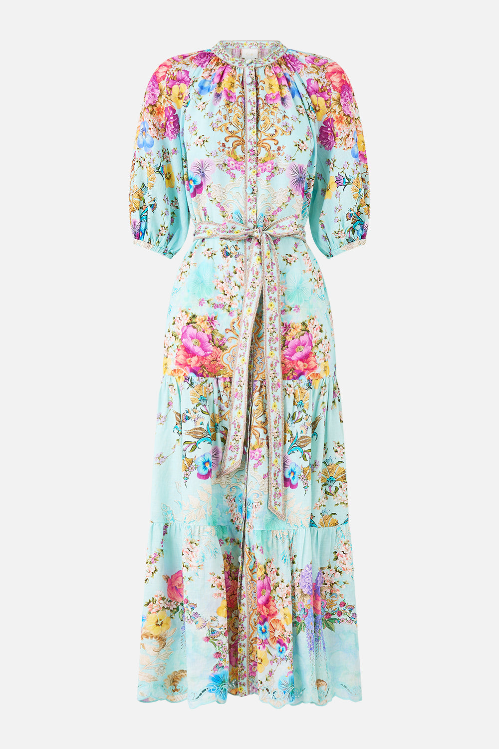 PUFF SLEEVE MIDI SHIRT DRESS WITH TIE BAZAAR BLOOMS