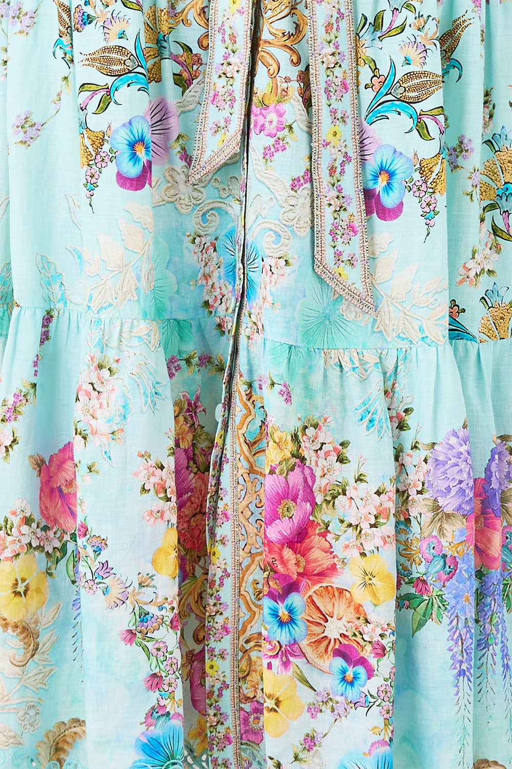 PUFF SLEEVE MIDI SHIRT DRESS WITH TIE BAZAAR BLOOMS