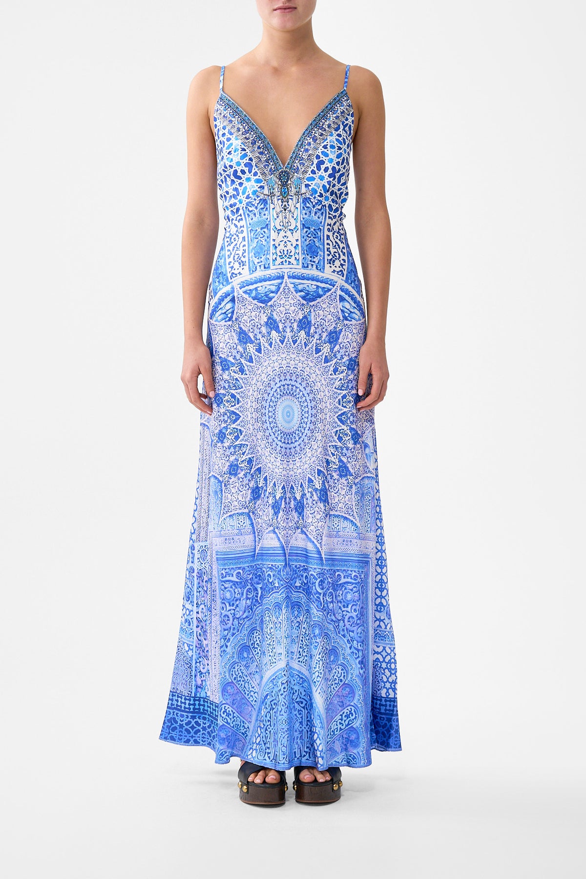The CAMILLA V-NECK LONG BIAS SLIP DRESS WITH TRAIN THE BOSPHOROUSTHE BOSPHOROUS