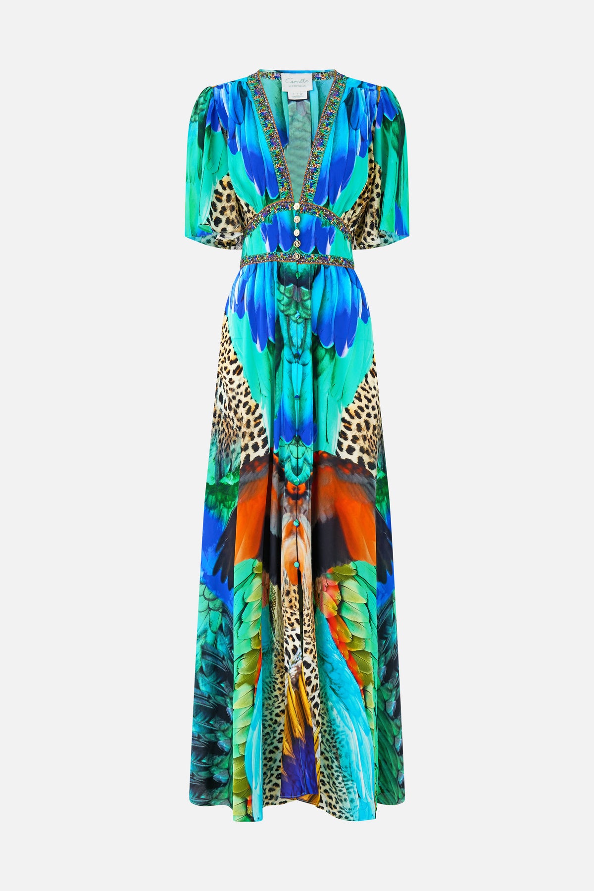 The CAMILLA SHAPED WAISTBAND DRESS WITH FLUTTER SLEEVES JUNGLE FLIGHT