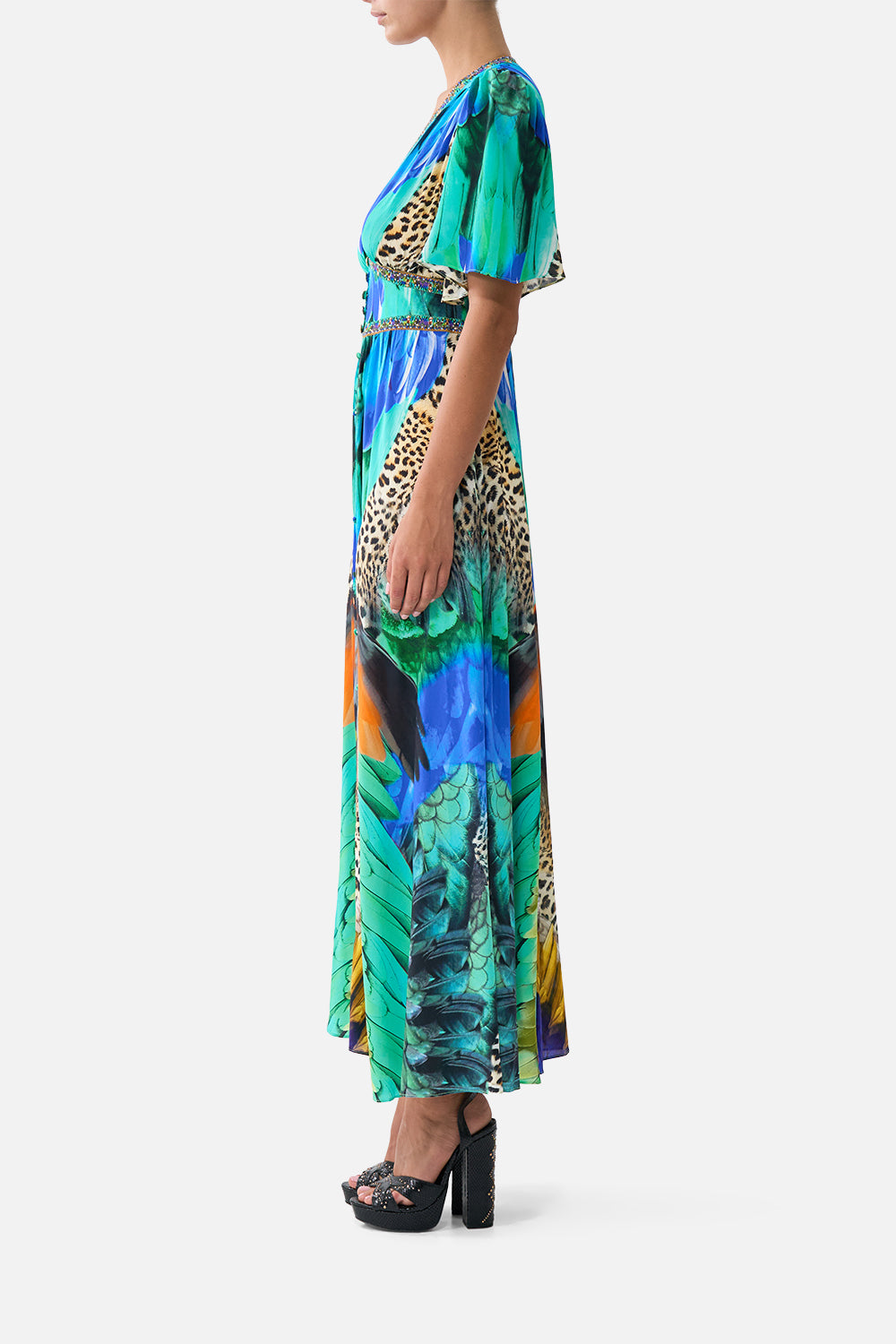 SHAPED WAISTBAND DRESS WITH FLUTTER SLEEVES JUNGLE FLIGHT