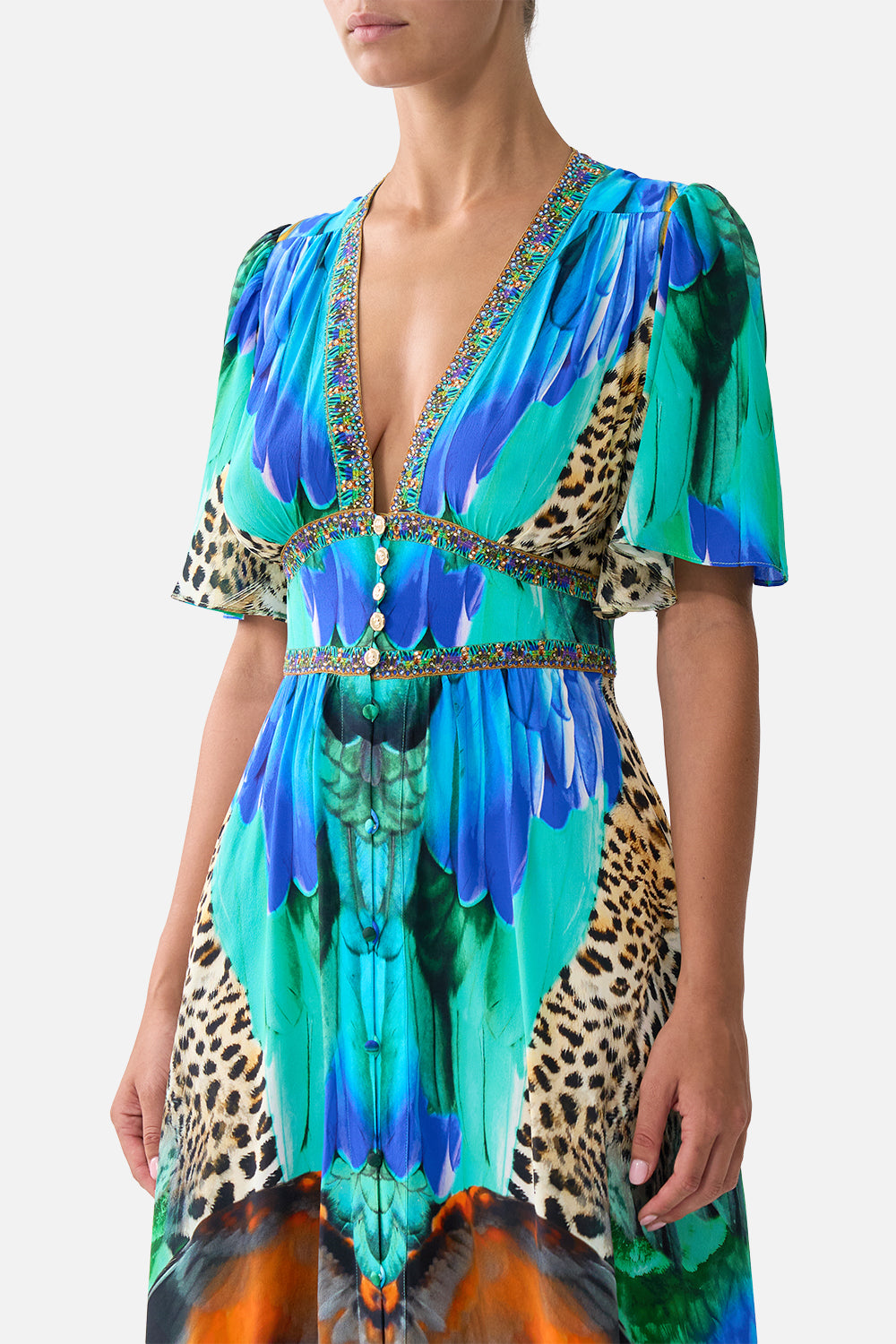 The CAMILLA SHAPED WAISTBAND DRESS WITH FLUTTER SLEEVES JUNGLE FLIGHT