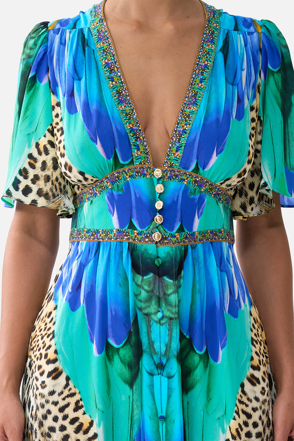 SHAPED WAISTBAND DRESS WITH FLUTTER SLEEVES JUNGLE FLIGHT