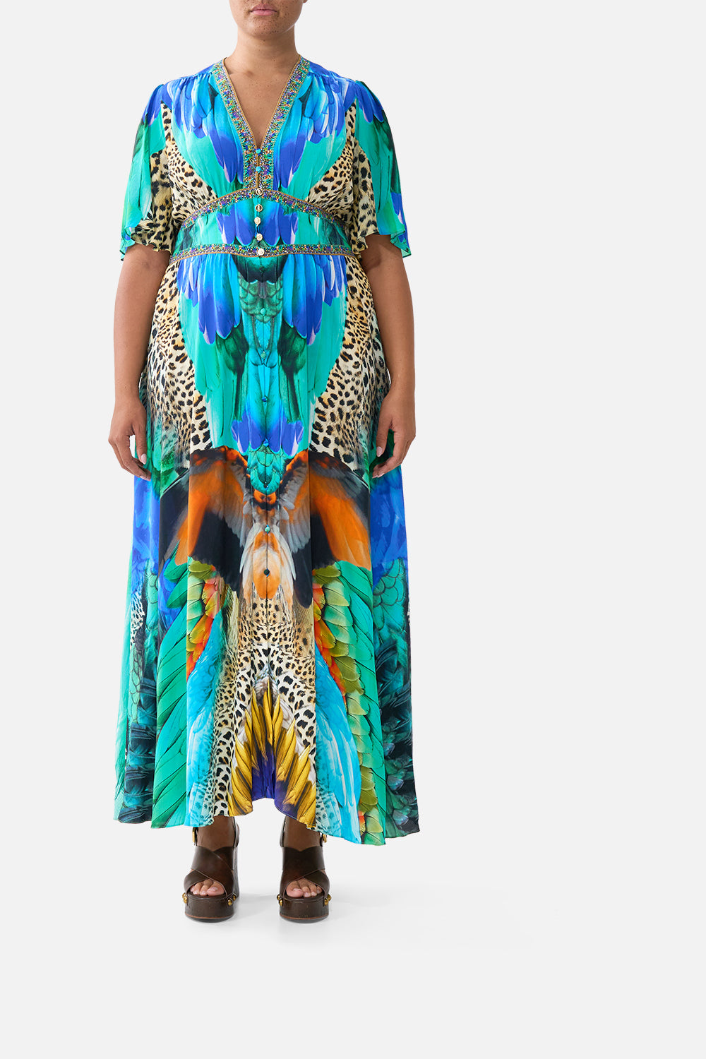 The CAMILLA SHAPED WAISTBAND DRESS WITH FLUTTER SLEEVES JUNGLE FLIGHT