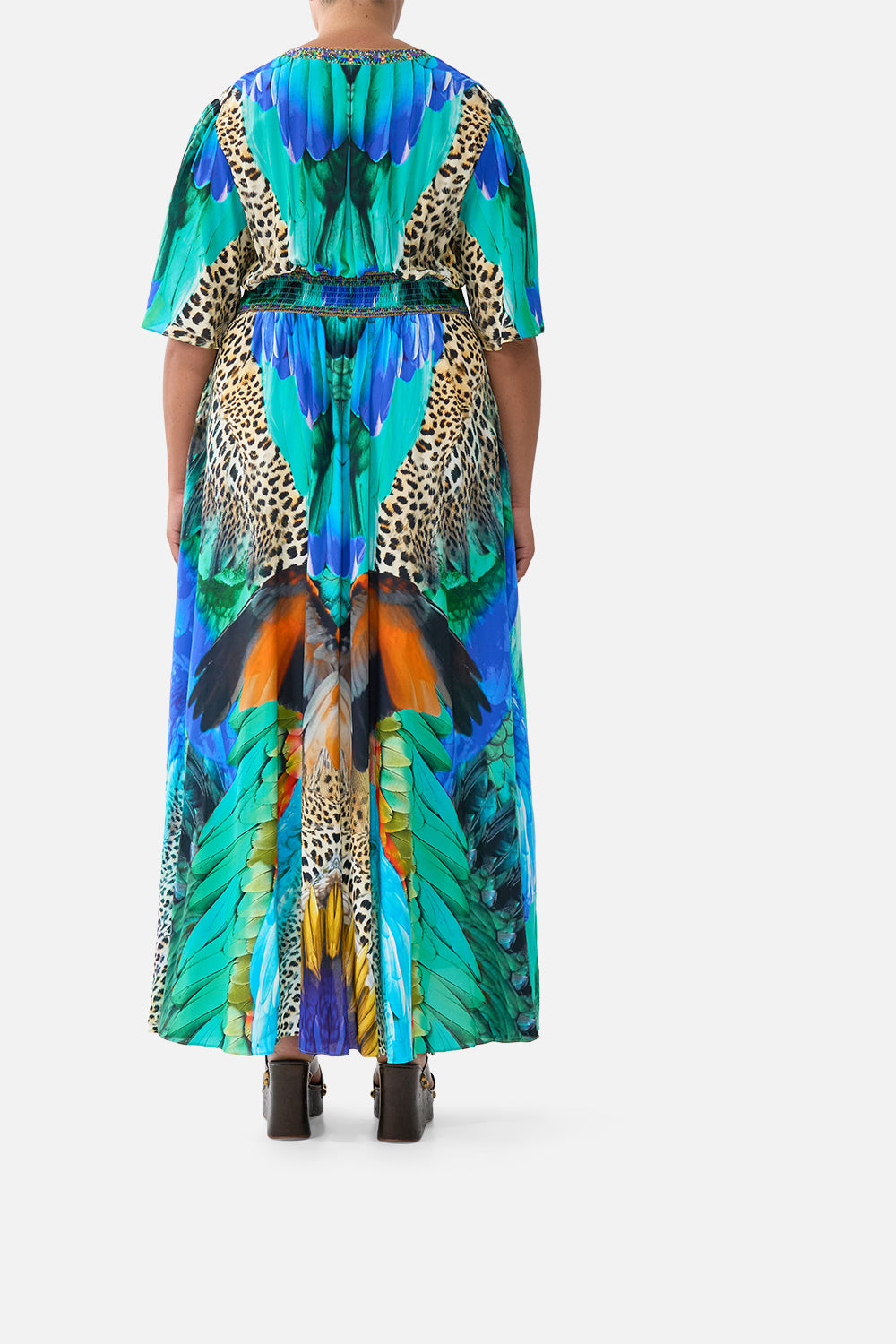 SHAPED WAISTBAND DRESS WITH FLUTTER SLEEVES JUNGLE FLIGHT