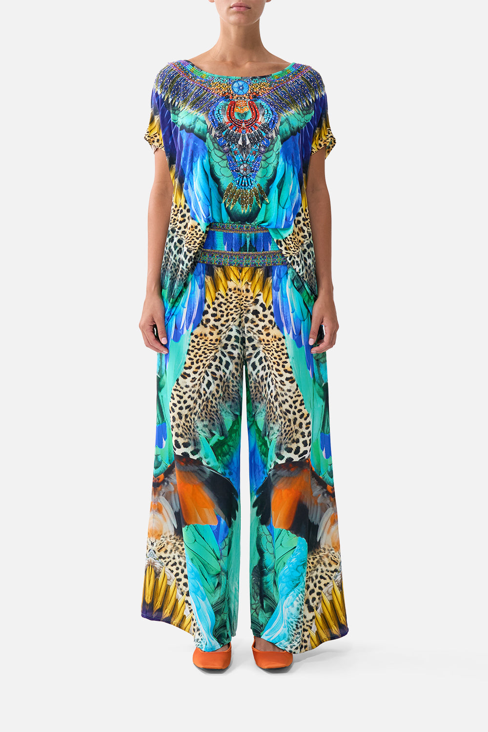 The CAMILLA SHIRRED WAIST PANT JUNGLE FLIGHTJUNGLE FLIGHT