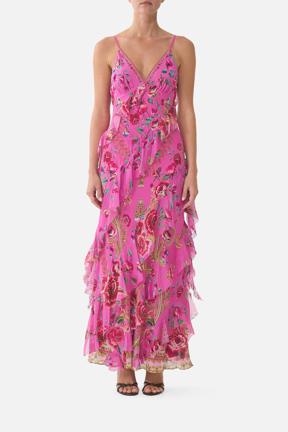 ASYMMETRICAL RUFFLE SLIP DRESS MATADORA FLORA