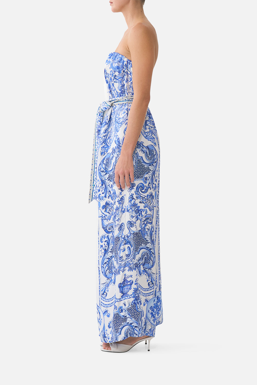 The CAMILLA FRONT PLEAT STRAPLESS JUMPSUIT CERAMIC PANORAMIC