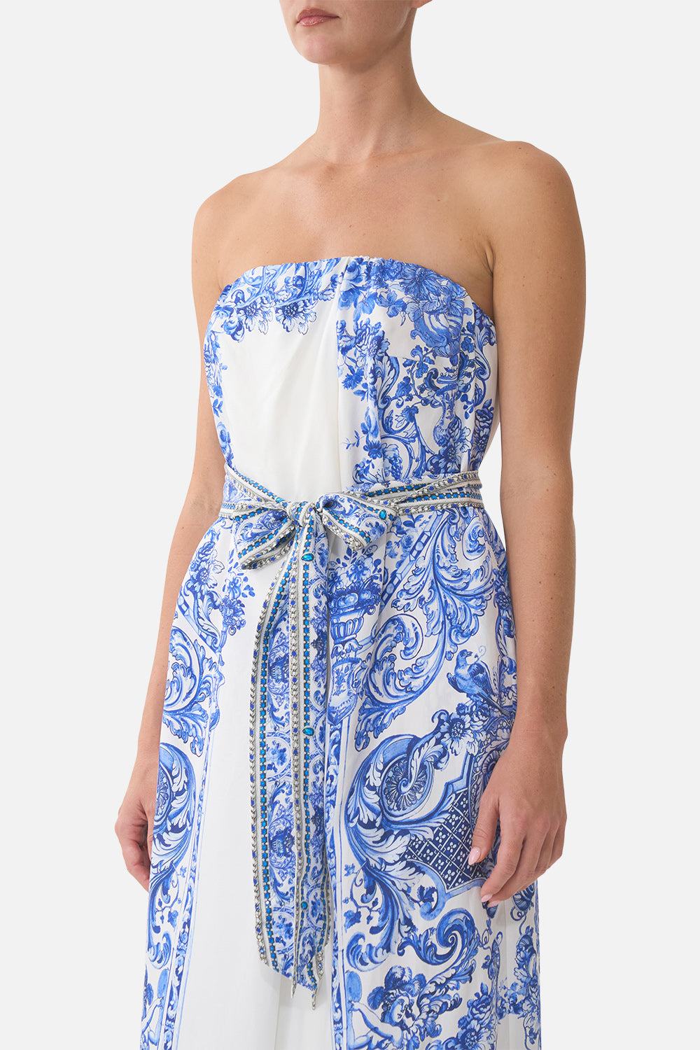 The CAMILLA FRONT PLEAT STRAPLESS JUMPSUIT CERAMIC PANORAMIC