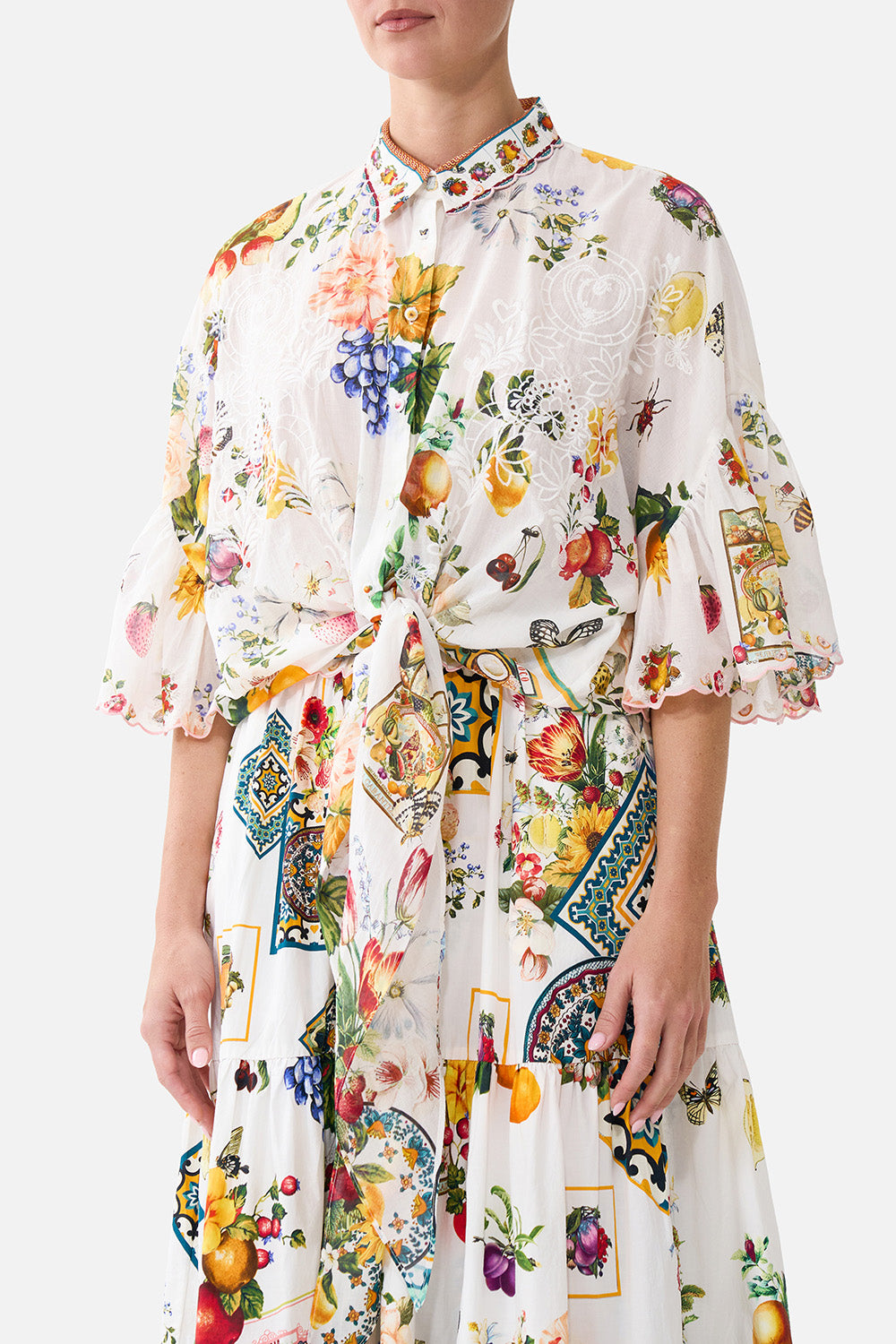 The CAMILLA TIE FRONT SHIRT WITH SLEEVE FRILL MAGIC OF THE MERCADO