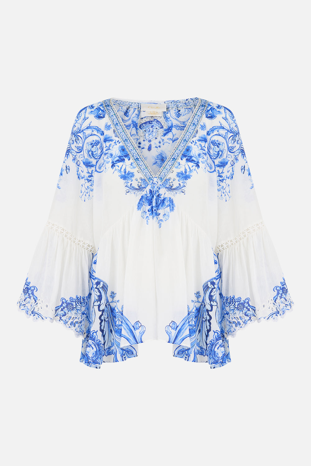 The CAMILLA RAGLAN BLOUSE WITH SLEEVE RUFFLE CERAMIC PANORAMIC