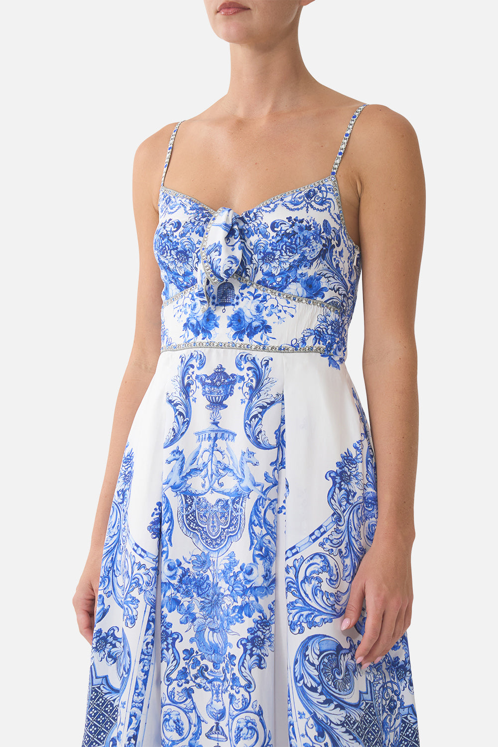 The CAMILLA RUFFLE HEM TIE FRONT MIDI DRESS CERAMIC PANORAMIC