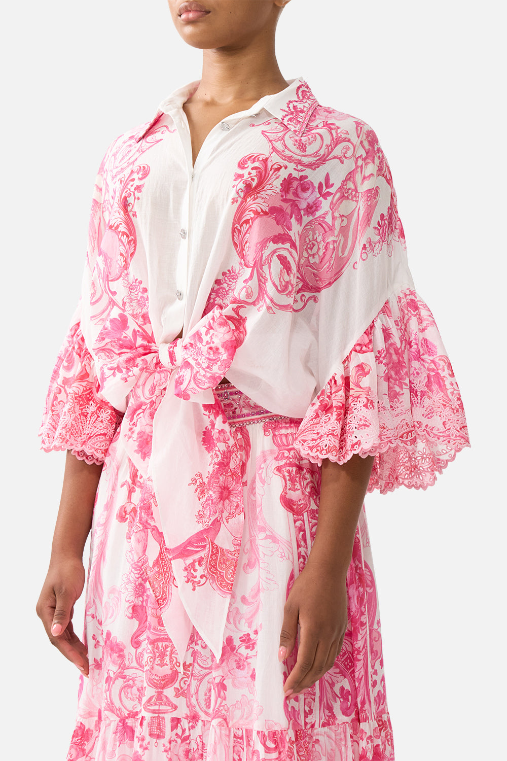 TIE FRONT SHIRT WITH SLEEVE FRILL LIVIN LA VIDA ROSA