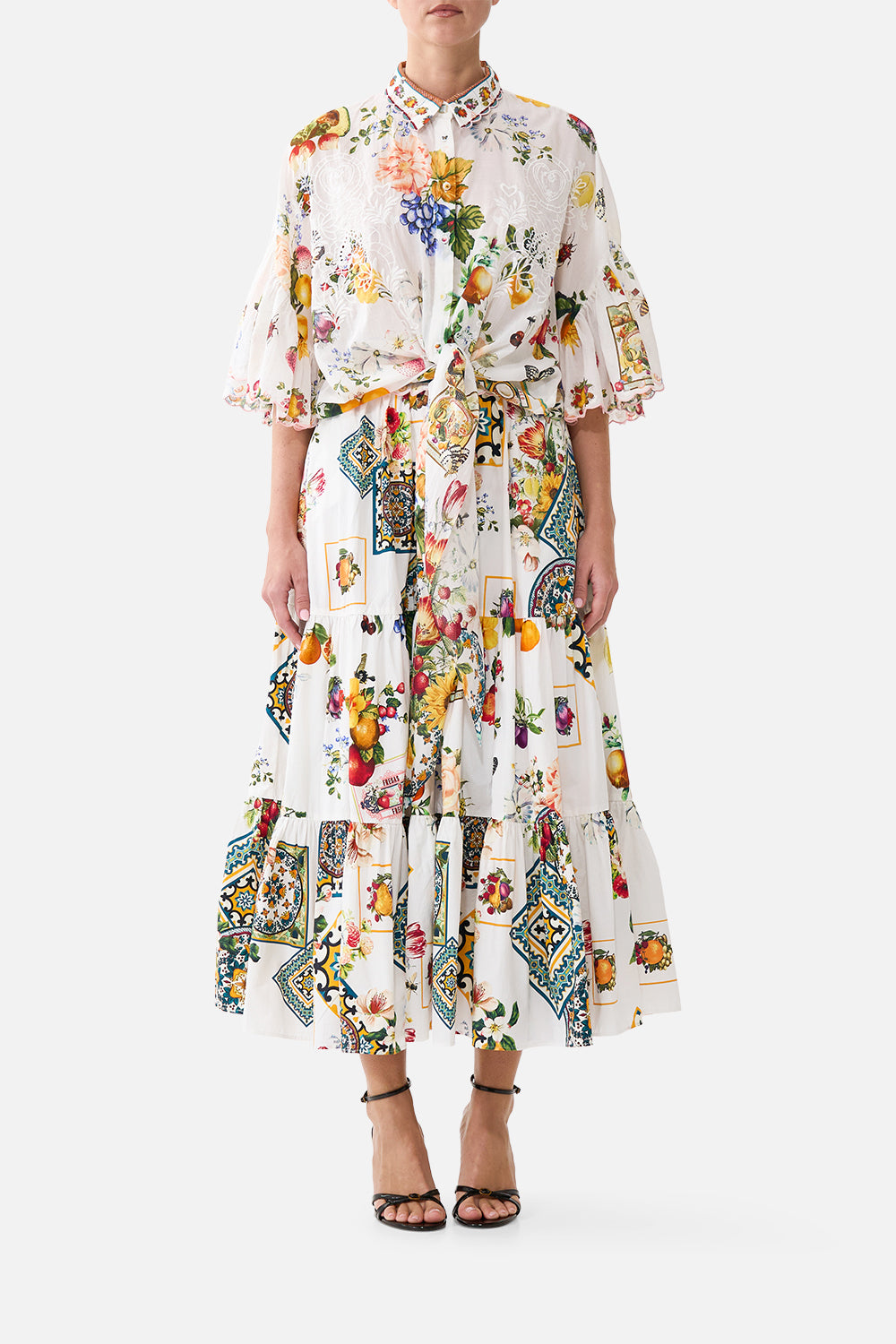 The CAMILLA HIGH WAISTED TIERED MIDI SKIRT MAGIC OF THE MERCADOMAGIC OF THE MERCADO