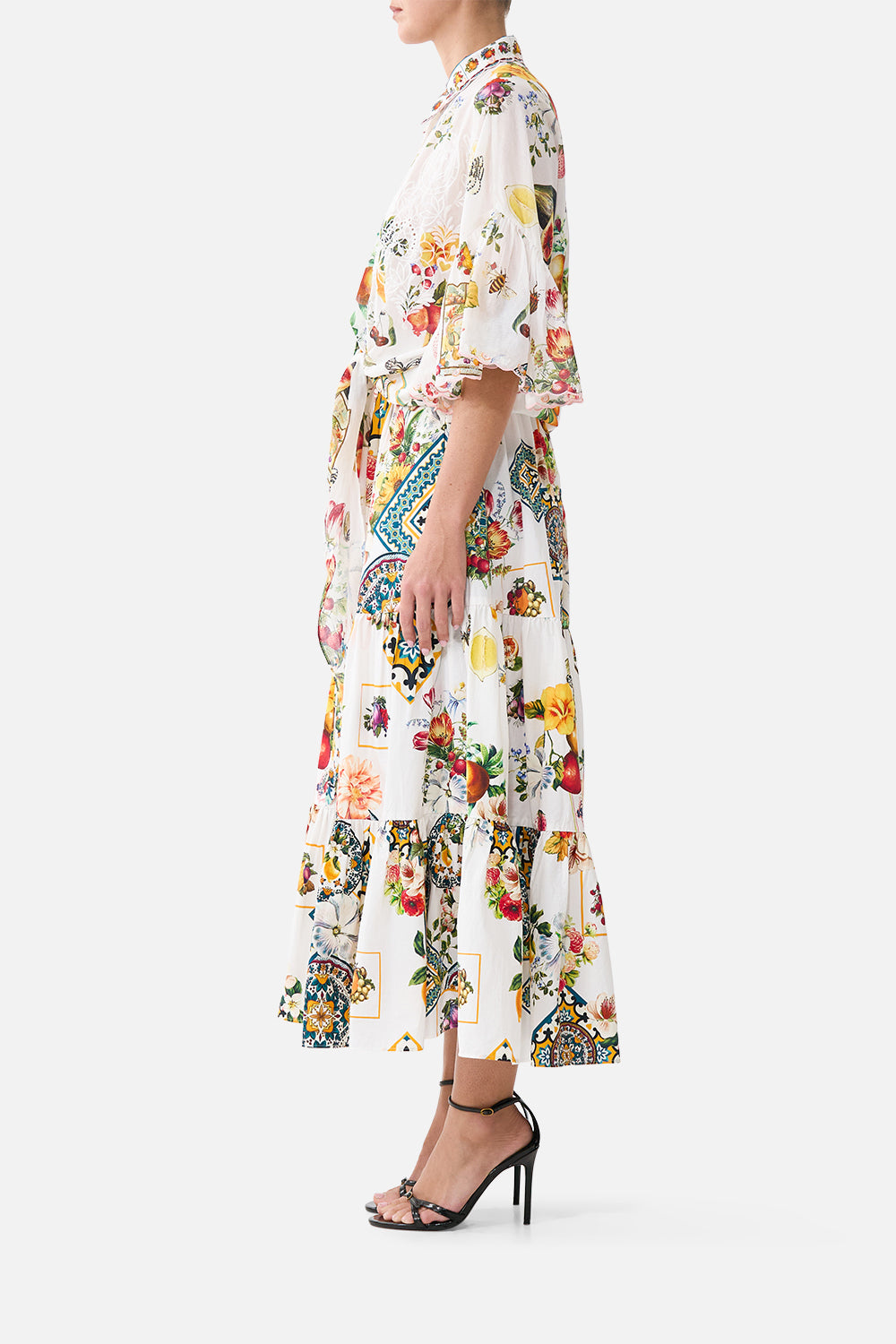 The CAMILLA HIGH WAISTED TIERED MIDI SKIRT MAGIC OF THE MERCADO