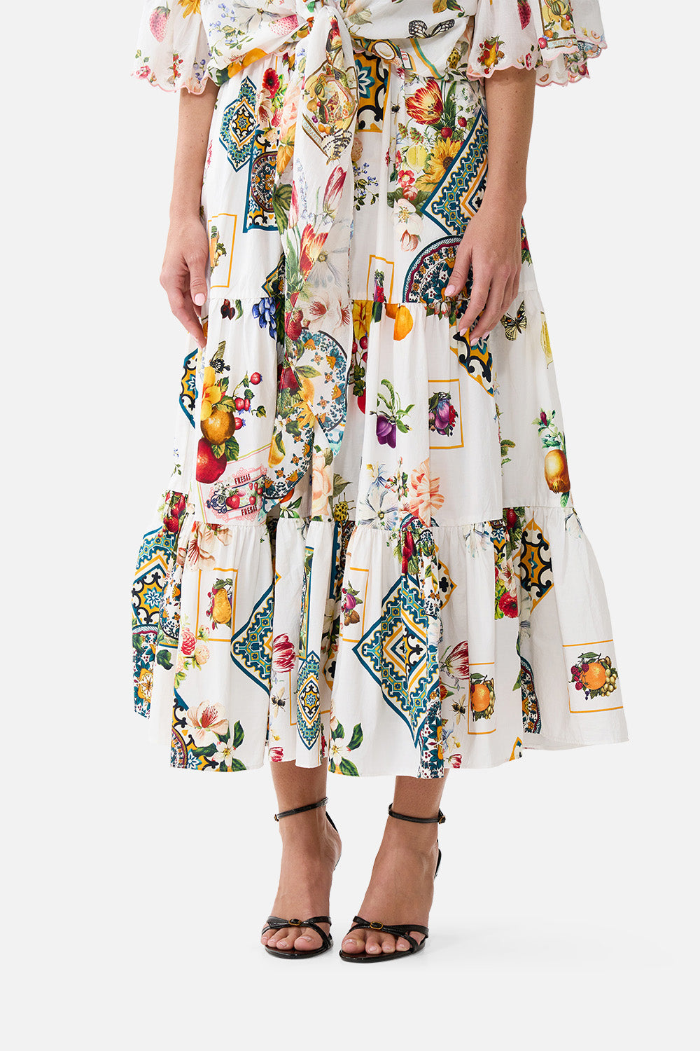 The CAMILLA HIGH WAISTED TIERED MIDI SKIRT MAGIC OF THE MERCADO
