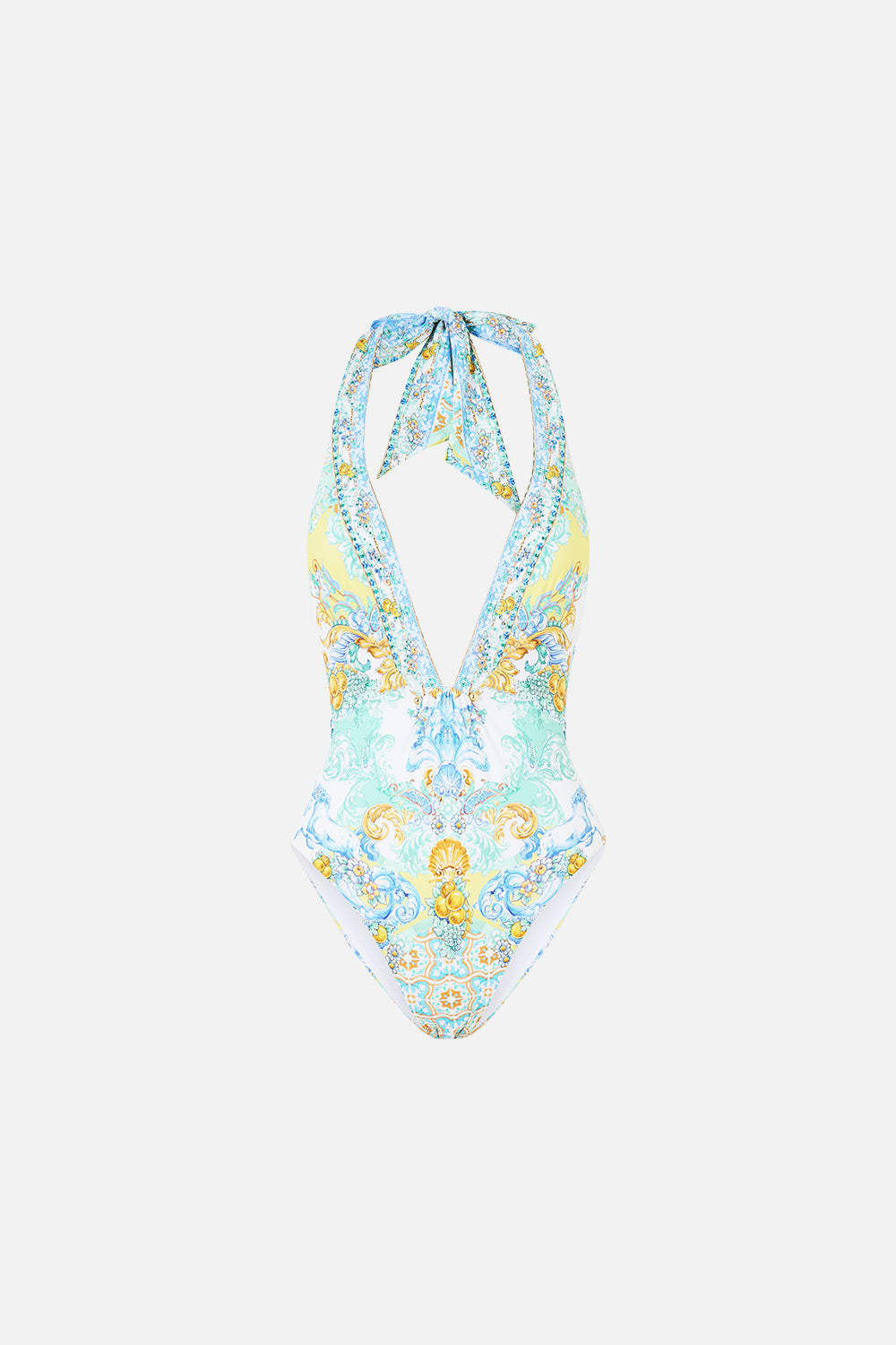 PLUNGE HALTER ONE PIECE WITH BAR FRONT TRIM DIAL UP THE TILES