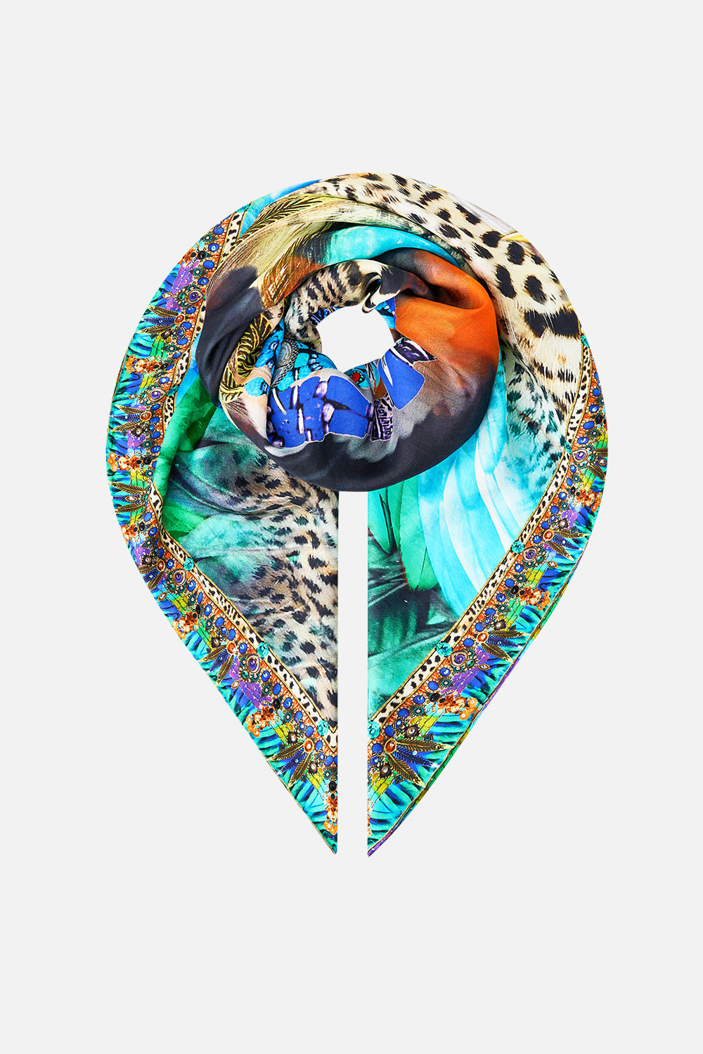 LARGE CRYSTALLED SILK SQUARE SCARF JUNGLE FLIGHT