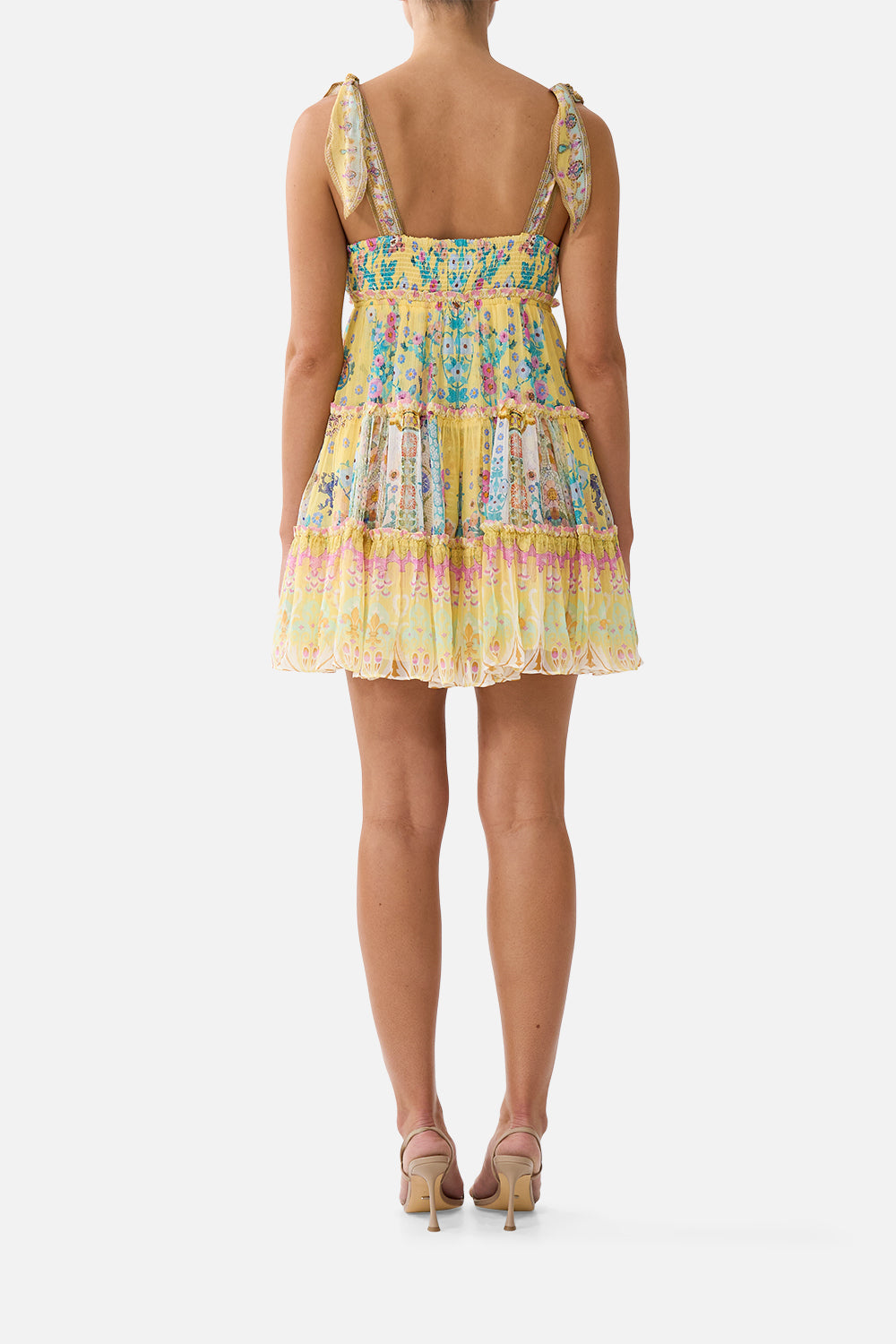 The CAMILLA TIERED SHORT DRESS WITH SHOULDER TIES BARCELONA BEBE