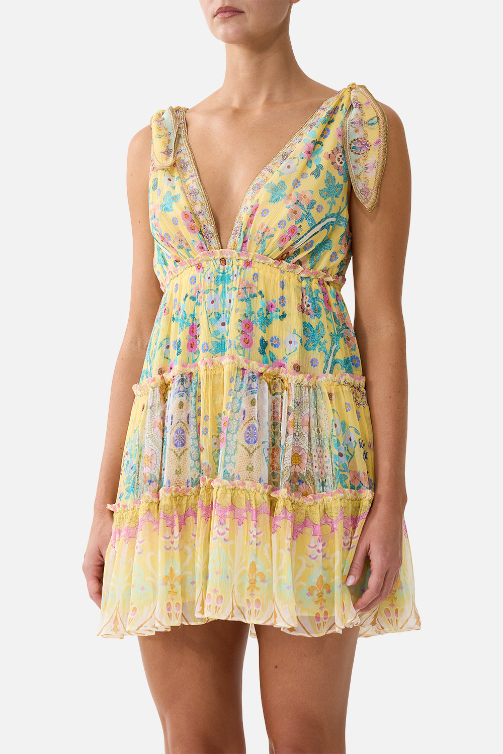 TIERED SHORT DRESS WITH SHOULDER TIES BARCELONA BEBE