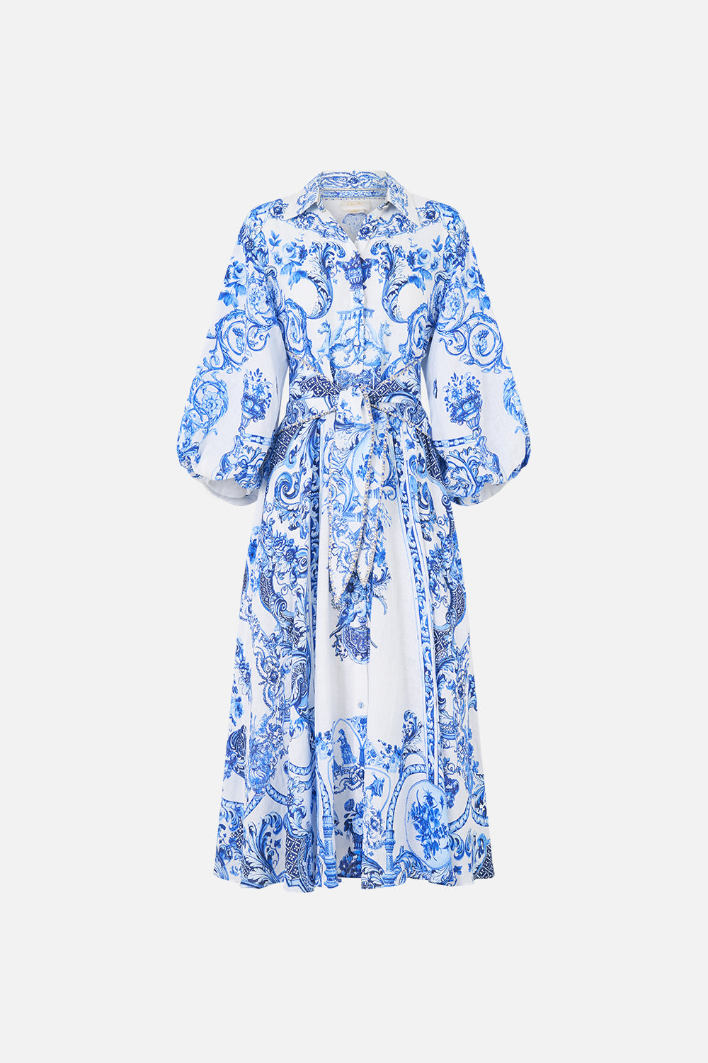 WAIST TIE SHIRT DRESS WITH BUBBLE SLEEVE CERAMIC PANORAMIC