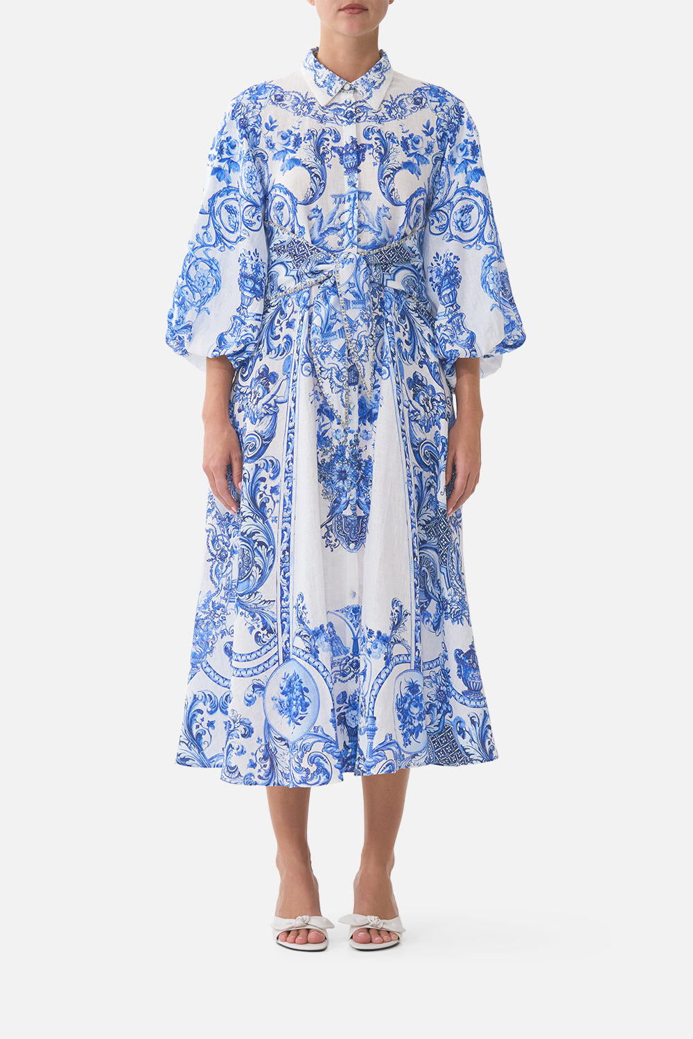 WAIST TIE SHIRT DRESS WITH BUBBLE SLEEVE CERAMIC PANORAMIC