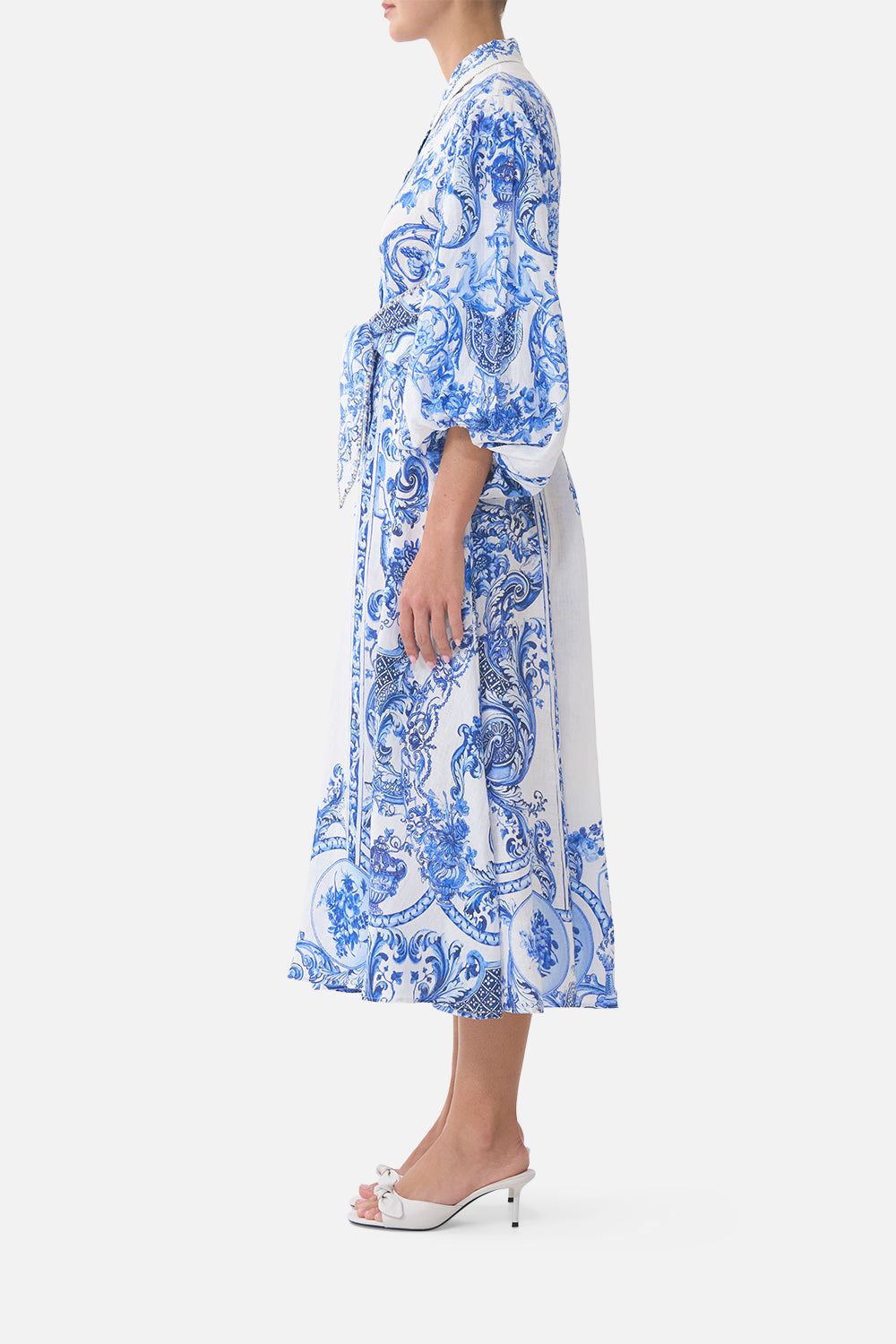 WAIST TIE SHIRT DRESS WITH BUBBLE SLEEVE CERAMIC PANORAMIC