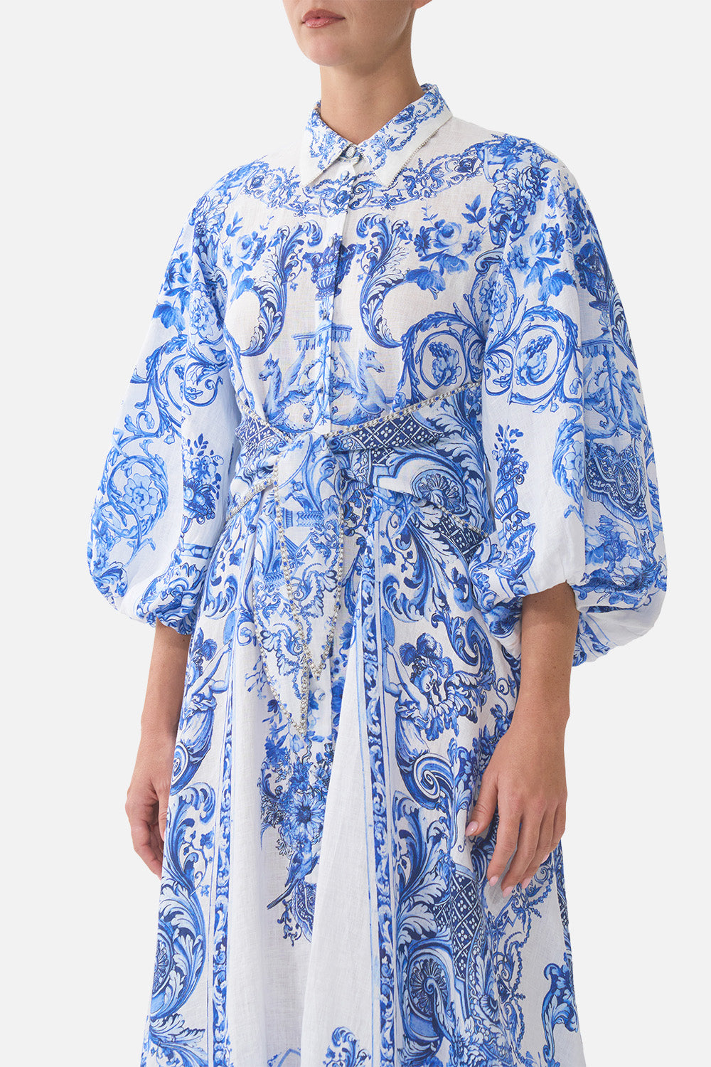 WAIST TIE SHIRT DRESS WITH BUBBLE SLEEVE CERAMIC PANORAMIC