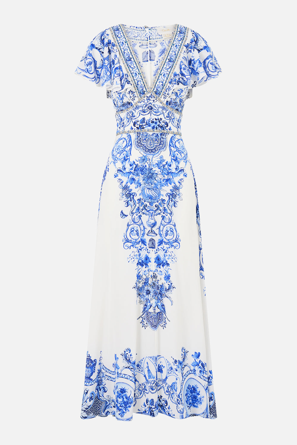WAISTED MIDI DRESS WITH FLUTTER SLEEVE CERAMIC PANORAMIC